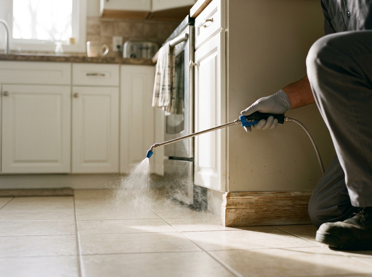 Pest control technician spraying treatment along kitchen baseboards and cabinets with fine mist visible in morning light.