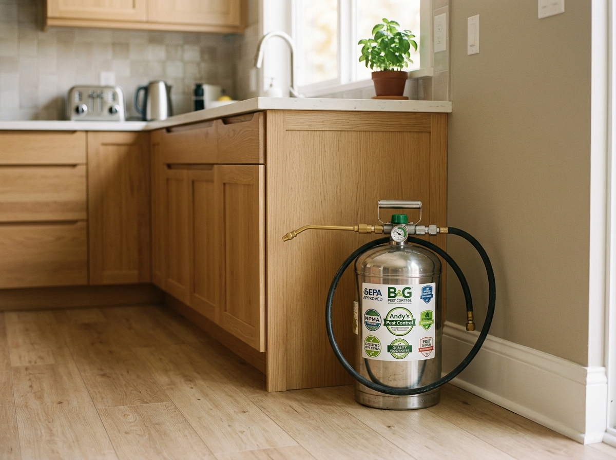Professional pest control spray canister with safety badges displayed next to a clean kitchen baseboard in bright natural light.