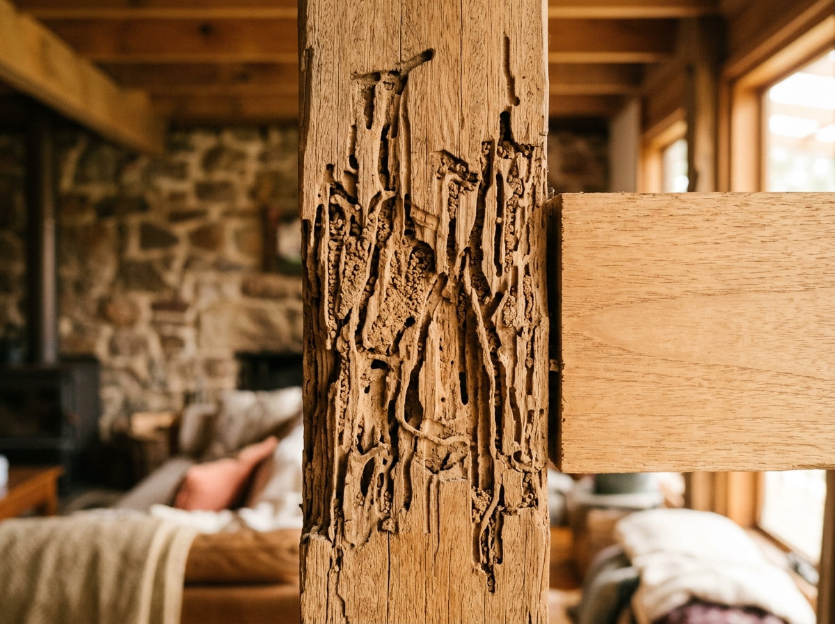 Wooden beam showing termite damage with visible galleries and tunnels next to pristine wood, lit by natural window light