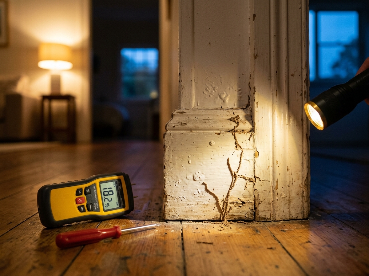 Torchlight on a timber door frame and skirting board showing mud trails and bubbling paint, with a moisture meter and screwdriver on the flo