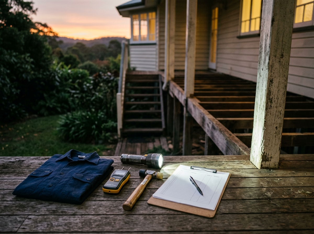 Flashlight, moisture meter, tapping hammer, clipboard and folded work shirt on a timber verandah deck at dusk