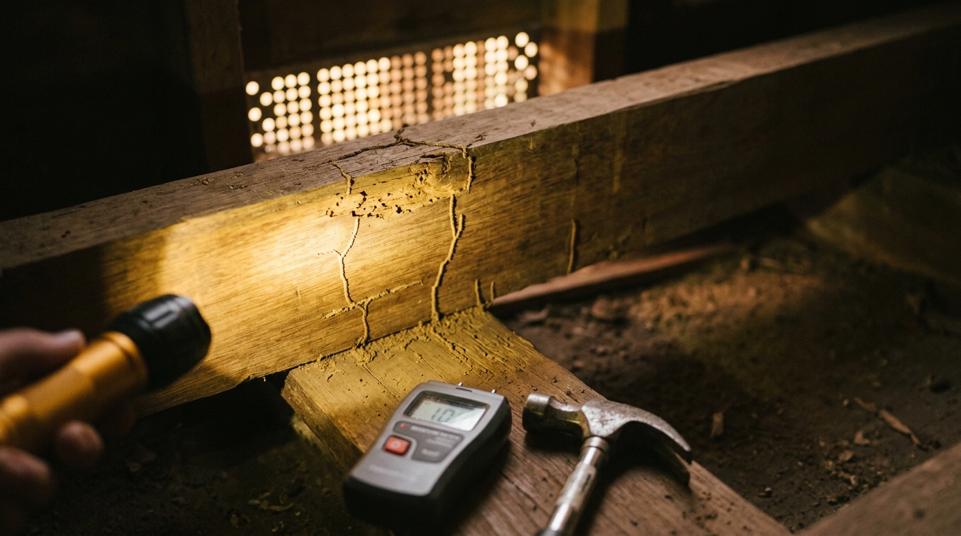 Flashlight beam lights timber framing in a crawl space, showing mud trails and wood damage beside a moisture meter and tapping tool.