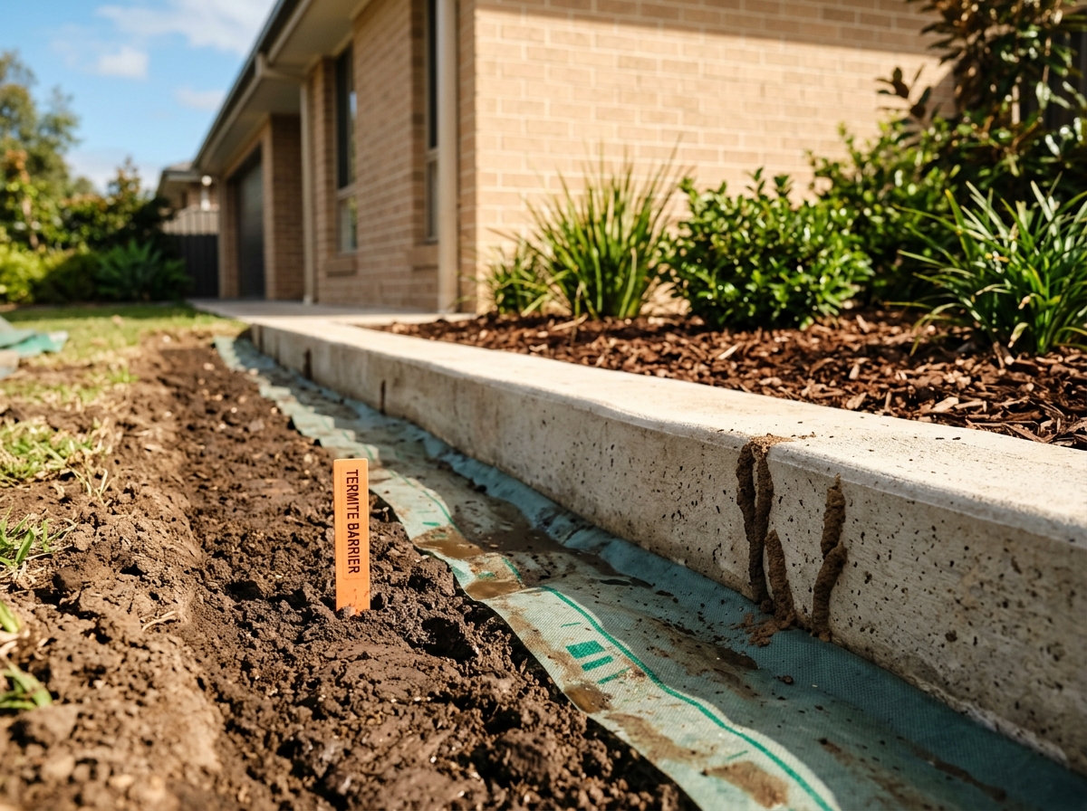 Freshly dug dark soil trench with barrier membrane and orange marker stake along a brick home's concrete slab, mud tubes nearby.