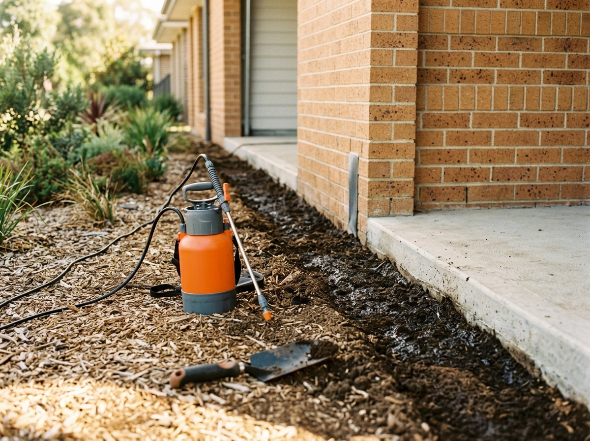 Dark treated soil trench along a brick home's concrete slab edge, with a trowel and capped sprayer resting on the ground.