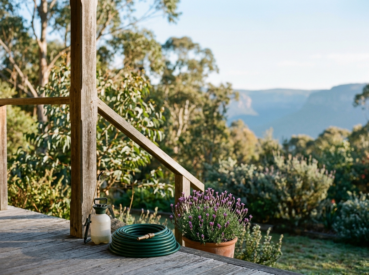 Weathered timber verandah post and railing with a spray bottle, coiled hose and potted lavender; misty eucalyptus beyond.