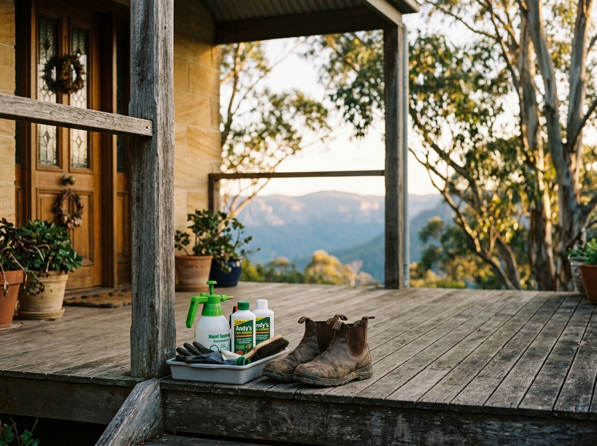 Weathered timber verandah post and railing on a sandstone cottage, with pest treatment supplies and work boots on the porch.