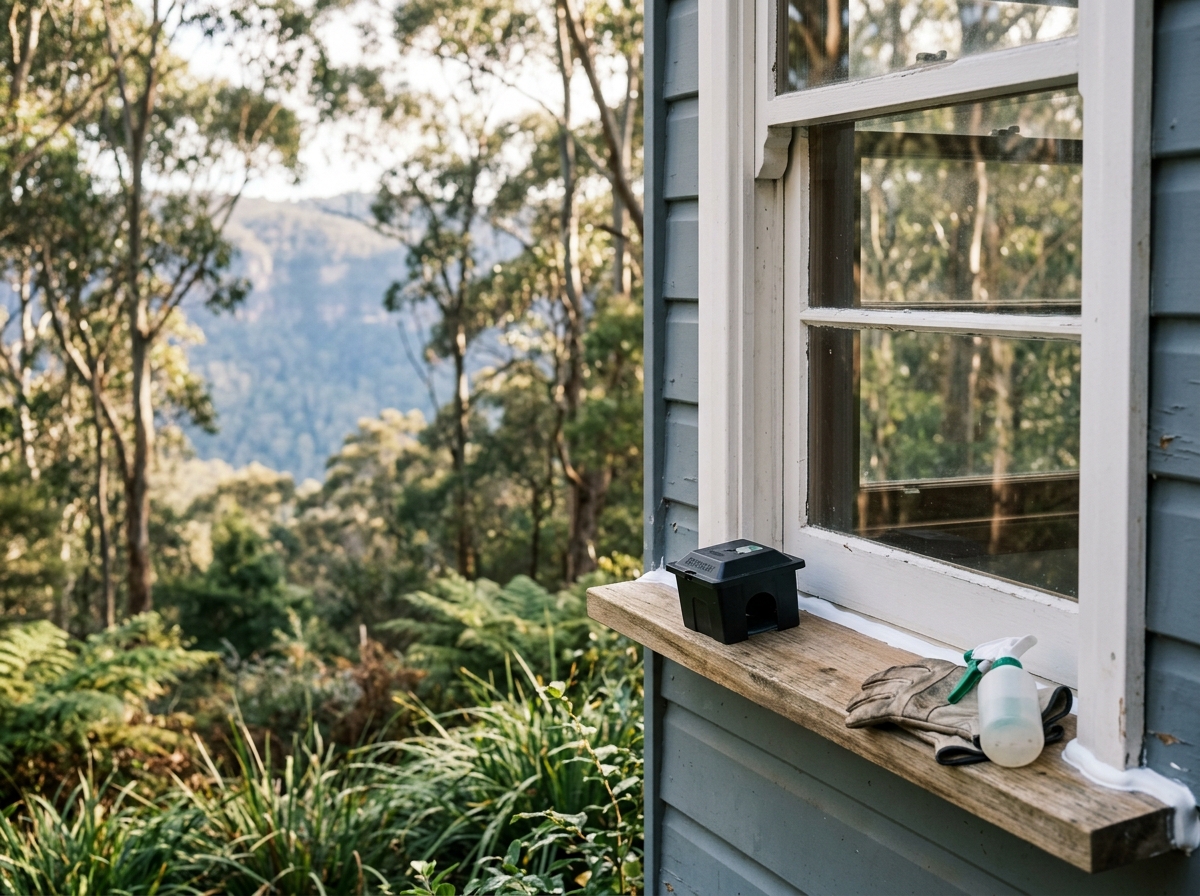 Timber window frame on a weatherboard cottage with fresh caulk on the sill, a pest monitor, work gloves and sprayer.