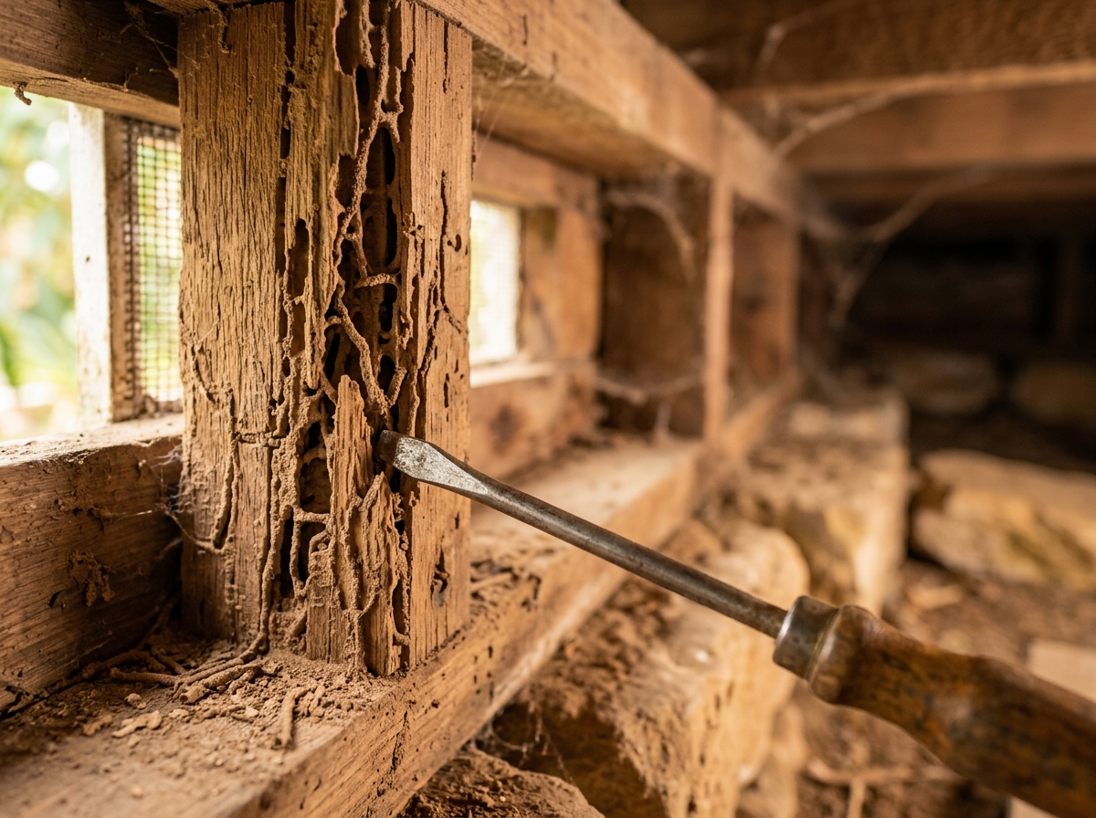 Flat-head screwdriver probing a termite-damaged timber stud, exposing hollow, honeycombed tunnels in a crawlspace