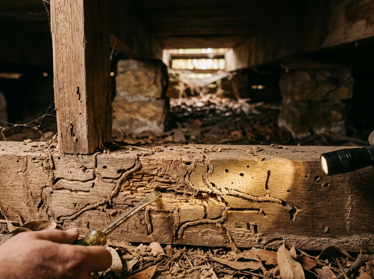 Screwdriver probes a termite-damaged timber stud, torch light revealing mud tubes and bore holes in a crawl space.