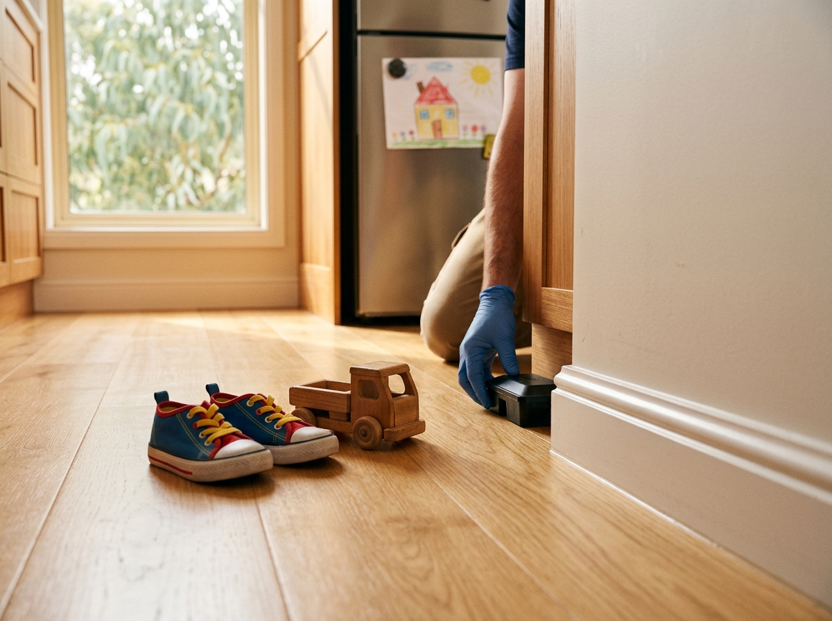 Kids' sneakers and a wooden toy truck on a clean kitchen floor as a gloved hand places a bait station under a cabinet.