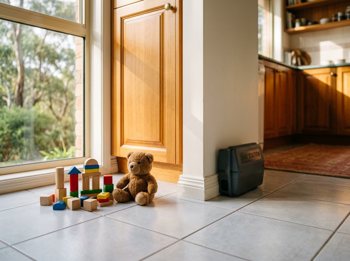 Colorful wooden toy blocks and a small stuffed bear on a clean kitchen tile floor beside a closed timber cabinet in morning light