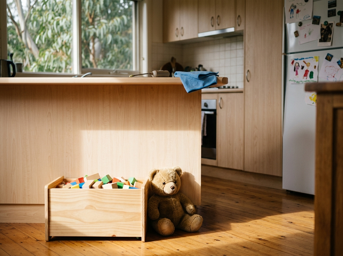 Wooden toy box with colorful blocks and a plush bear on a sunlit kitchen floor, pest applicator and blue cloth on the bench above