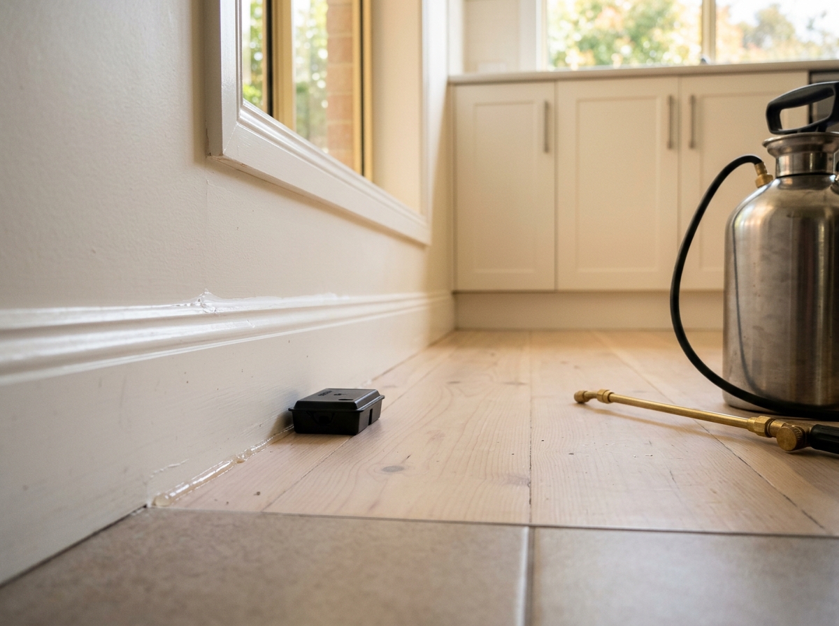 Kitchen baseboard corner with a thin gel bead, small bait station, fresh caulk and a steel spray canister on timber floor
