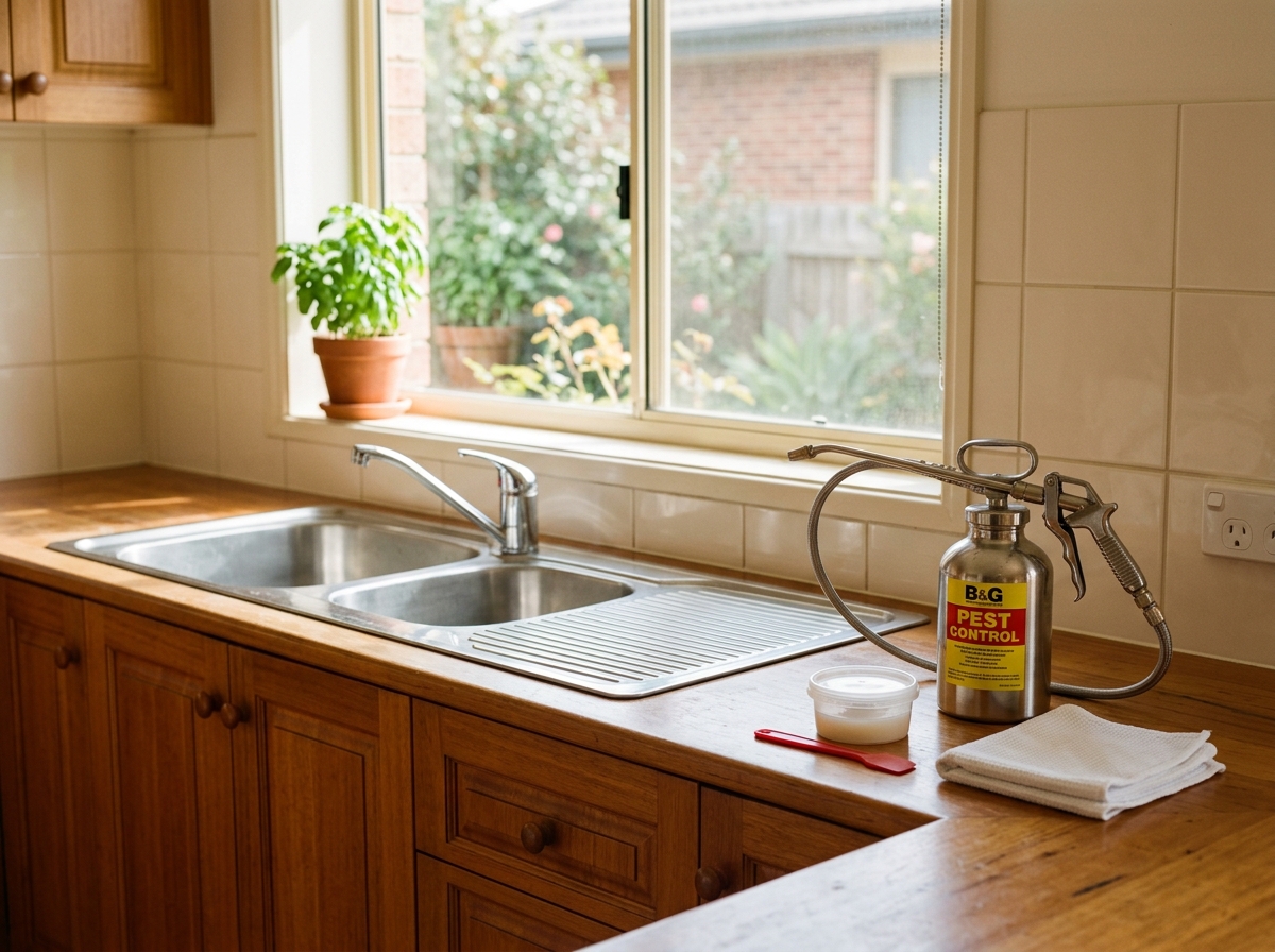 Sunlit kitchen sink with a pest control sprayer, gel bait tub and folded cloth on a timber benchtop beside a herb pot.