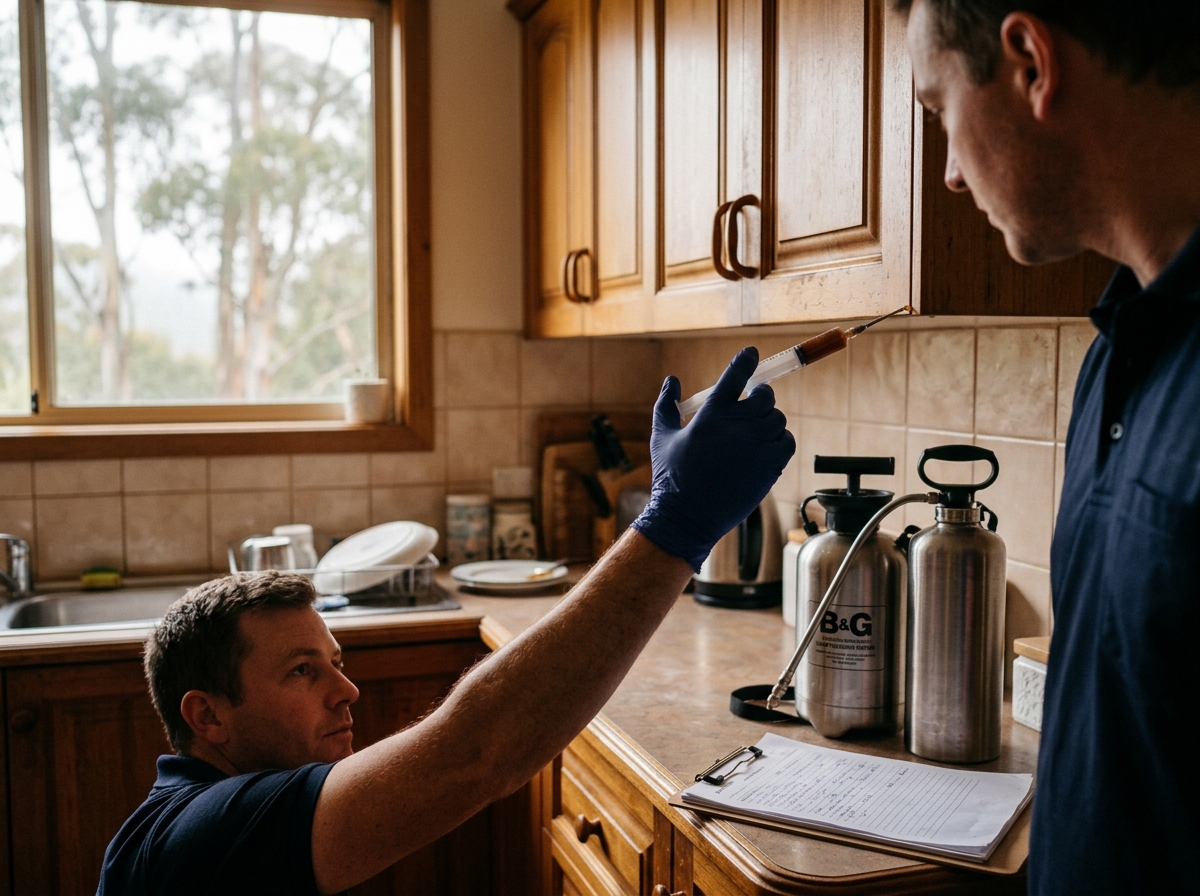 Gloved hands apply a bead of gel bait with a syringe under a timber kitchen cabinet edge, sprayer and clipboard nearby.