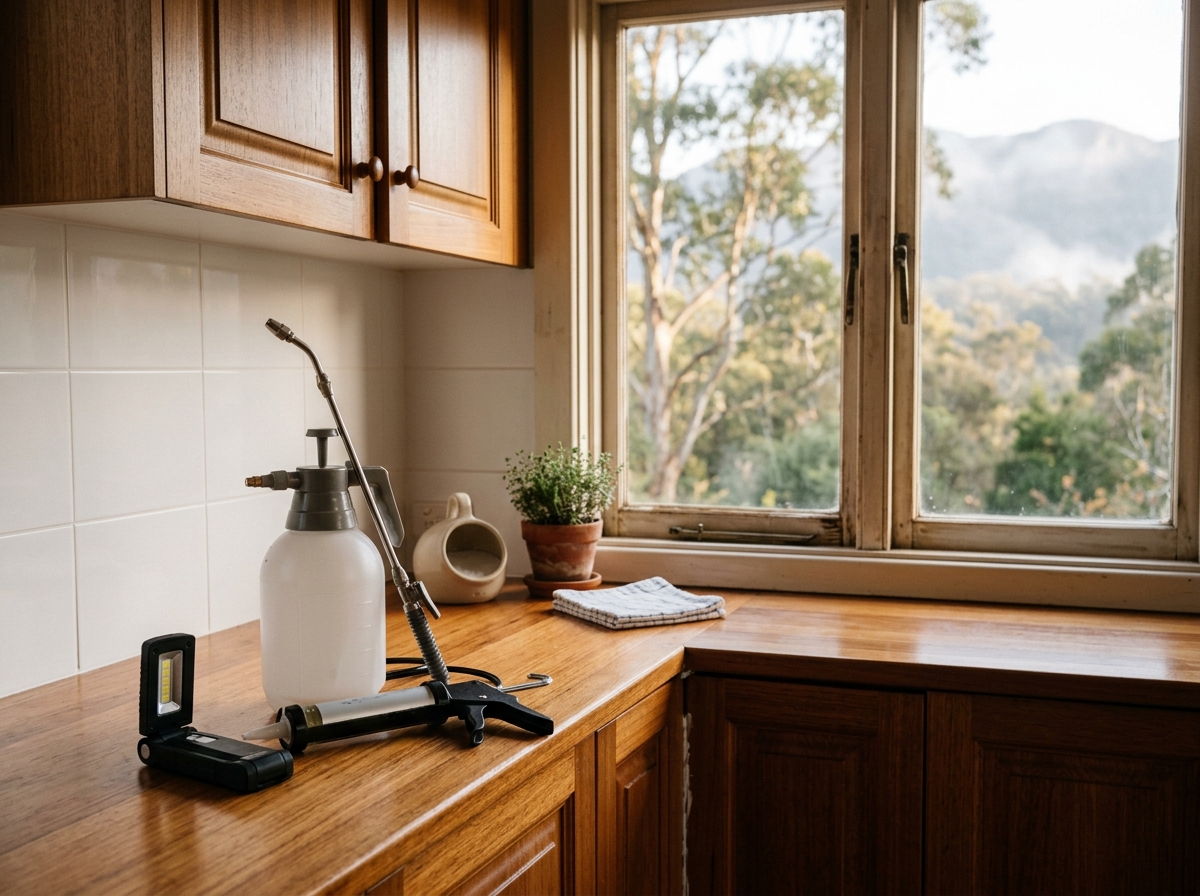 Pest treatment kit with hand sprayer, gel applicator and torch on a timber kitchen bench in soft morning light