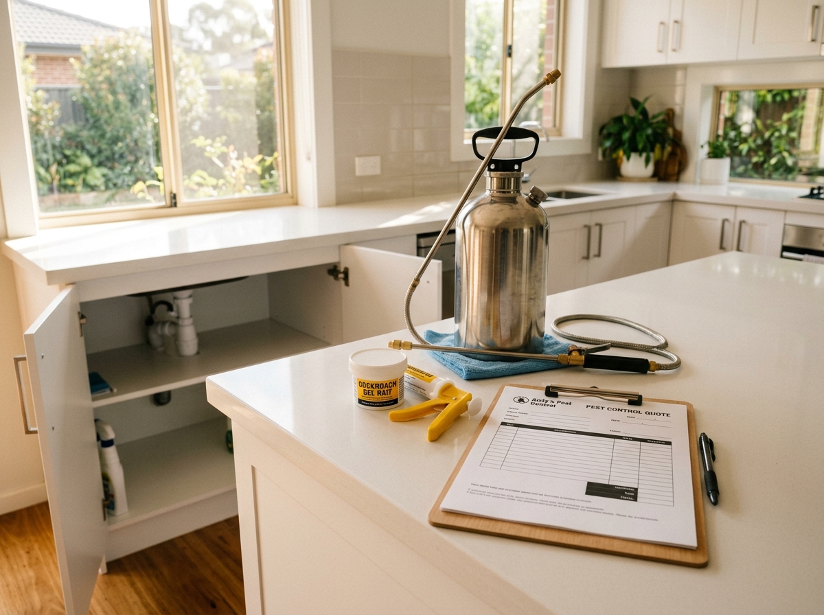 Pest control kit on a kitchen benchtop: steel sprayer, gel bait tub and clipboard, beside an open under-sink cupboard.