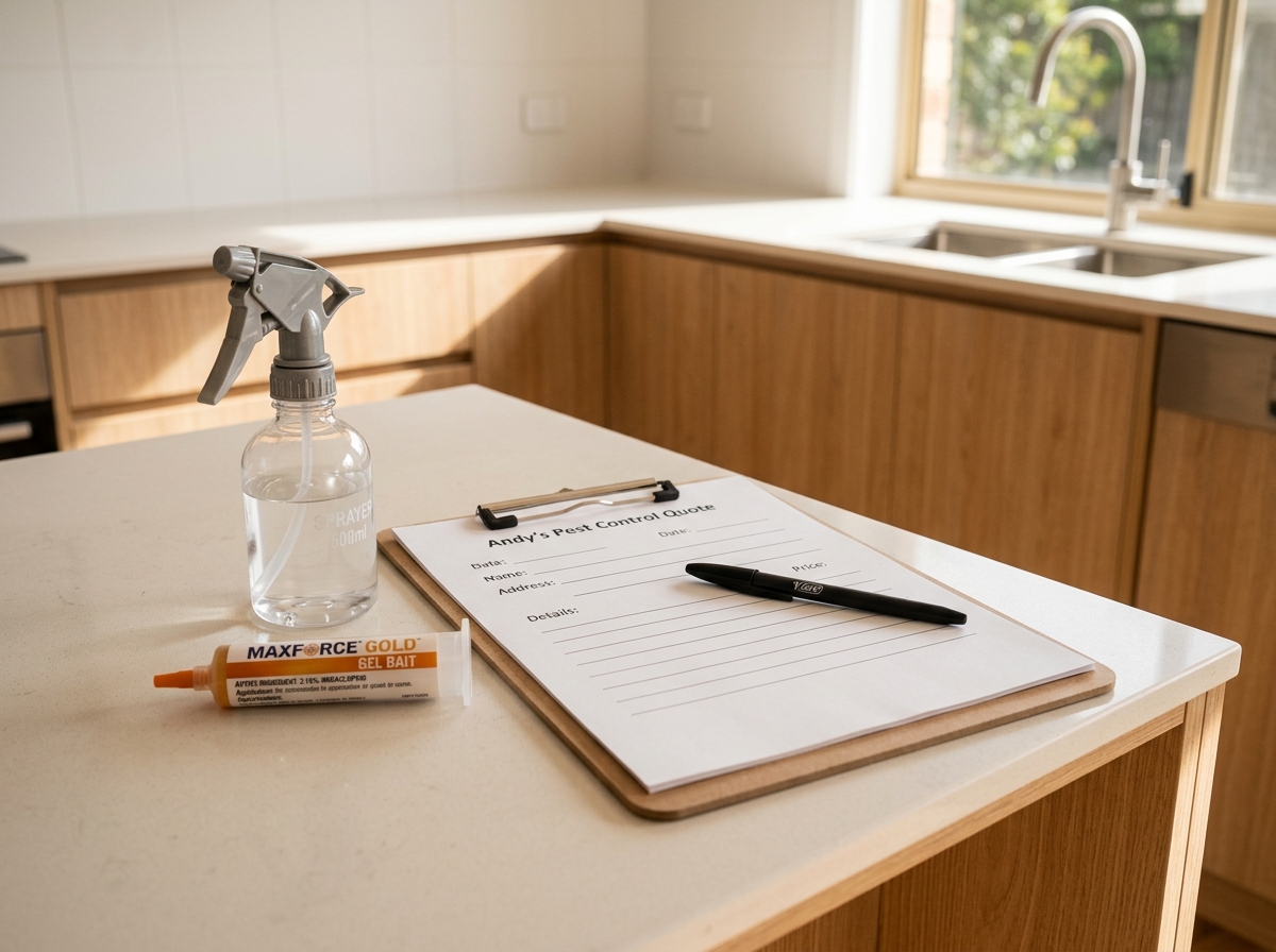 Clipboard with a blank quote form and pen beside a spray applicator and gel bait tube on a sunlit kitchen benchtop.