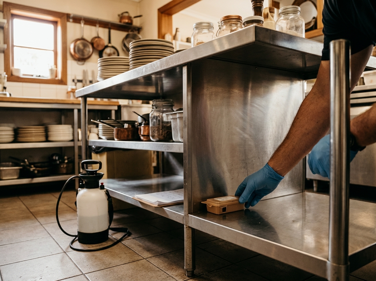 Gloved hands place a bait station at the base of a steel kitchen bench, with a sprayer and clipboard nearby.