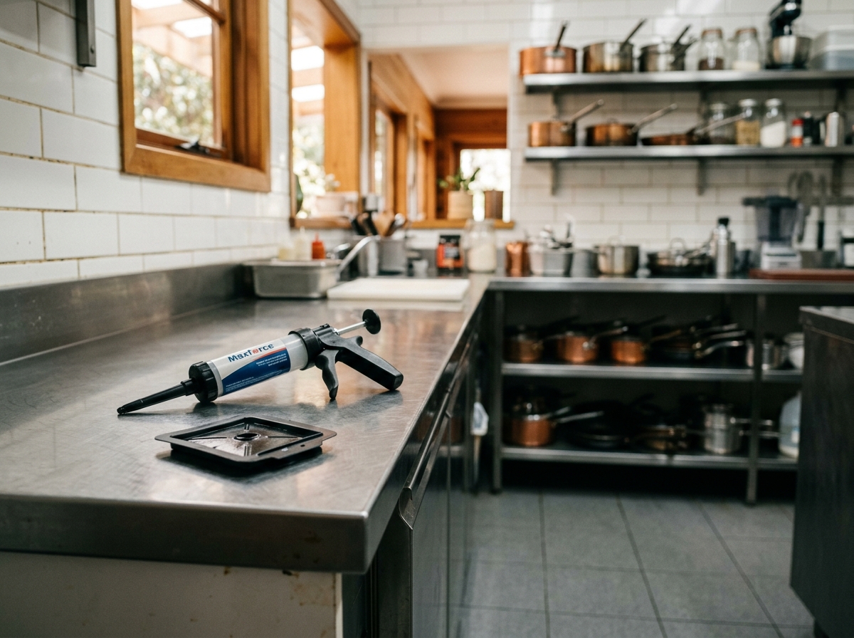 Cockroach monitoring trap and gel bait applicator on a stainless steel bench beside white tiles in a bright cafe kitchen