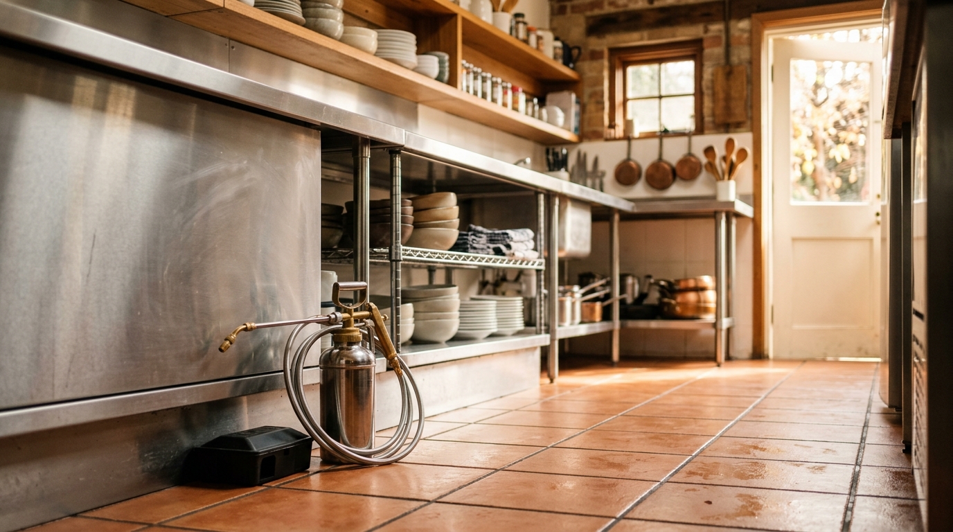 Clean steel prep bench and timber shelving in a cafe kitchen, with a pest sprayer and bait tray on the tiled floor.