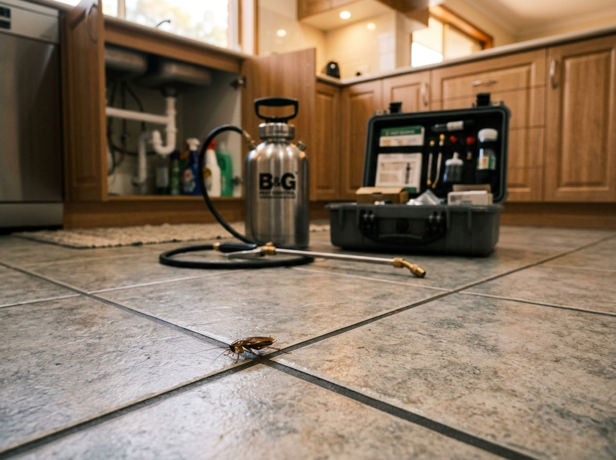 A cockroach scurries along tile grout in a kitchen, with a pest control sprayer and open equipment case nearby.