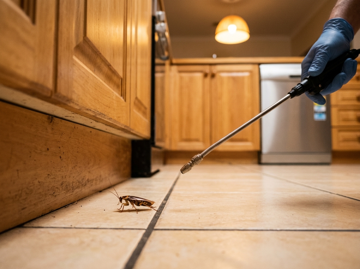 A cockroach scurries along tile grout beside a timber cabinet as a gloved hand holds a spray wand at the frame's edge.