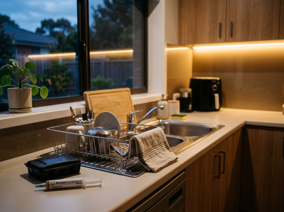 Evening kitchen with a stainless sink, pest gel applicator and bait station beside a dish rack under warm cabinet lighting.
