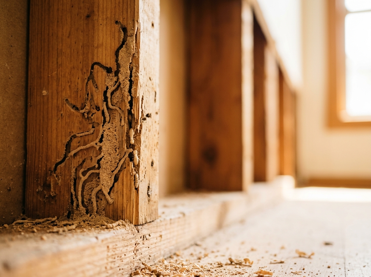 Close-up of a timber wall stud riddled with winding termite tunnels and mud, with pale termites at the damaged edge.