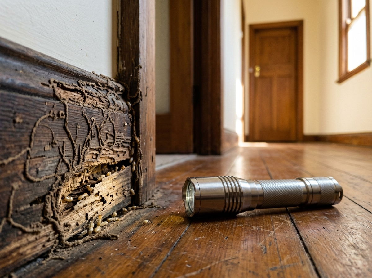 Termite-damaged timber skirting and door frame with mud tubes, tunnels and pale termites, a steel torch beside it in a hallway