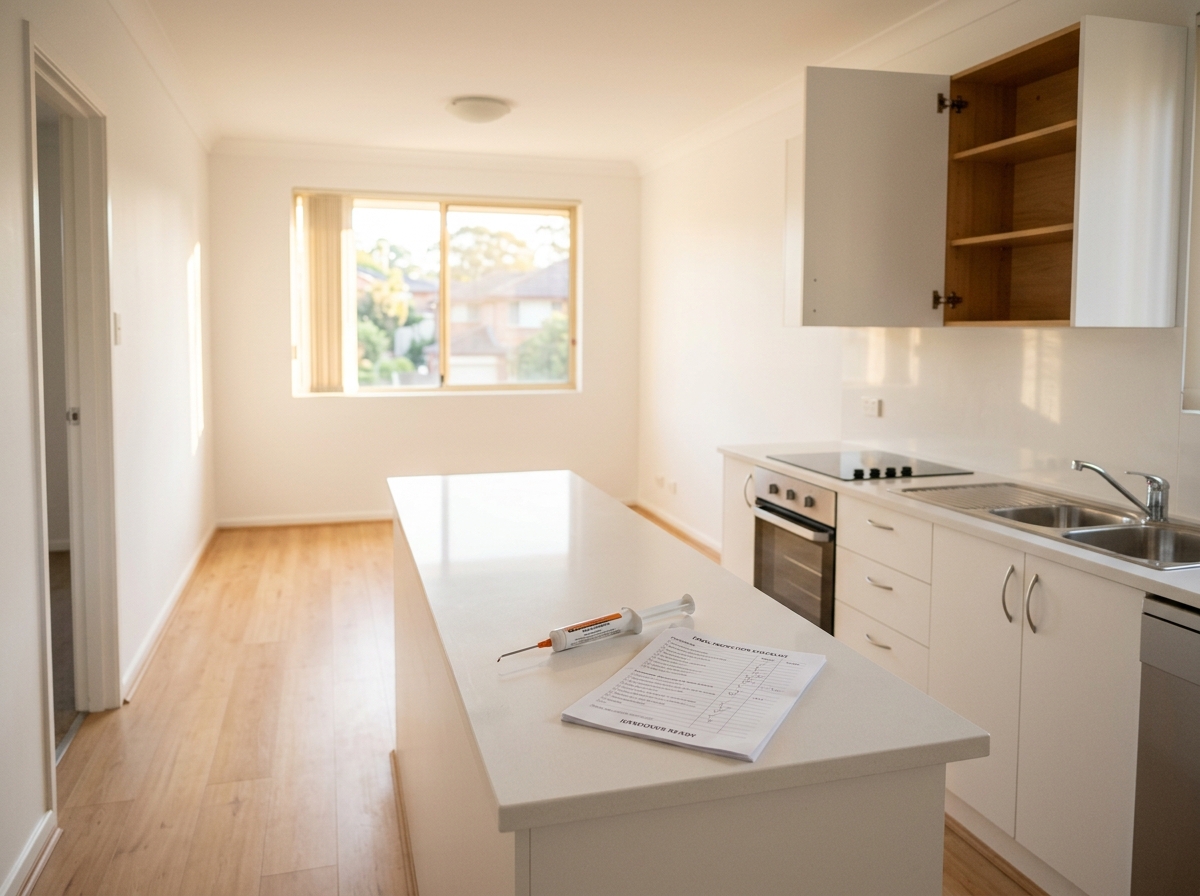 Empty, spotless kitchen with white cabinets, an open bare cupboard, and a gel applicator and checklist on the bench.