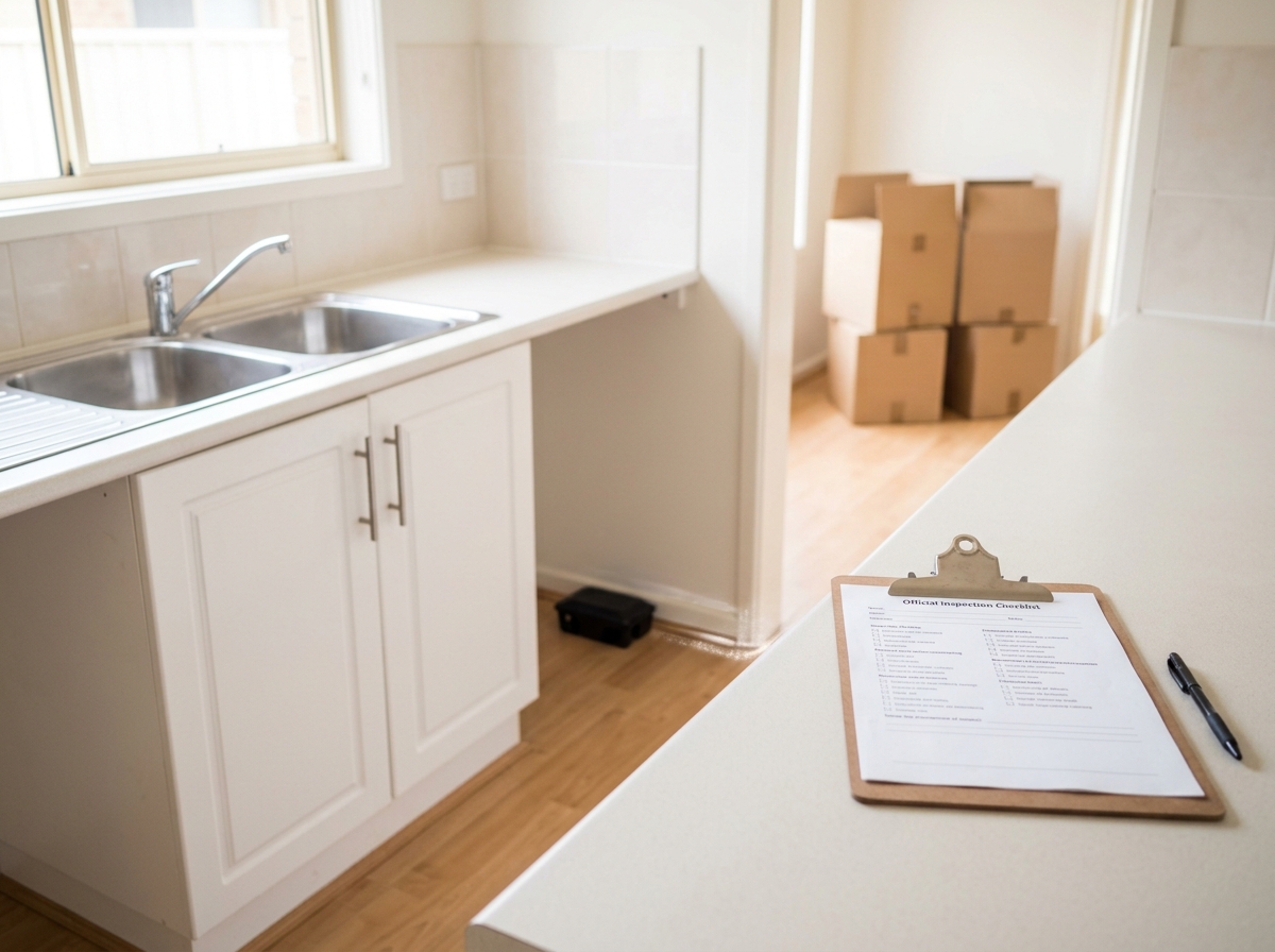 Clean, empty kitchen benchtop and sink in a bright vacated apartment, with a clipboard checklist and small bait station by the cabinet.