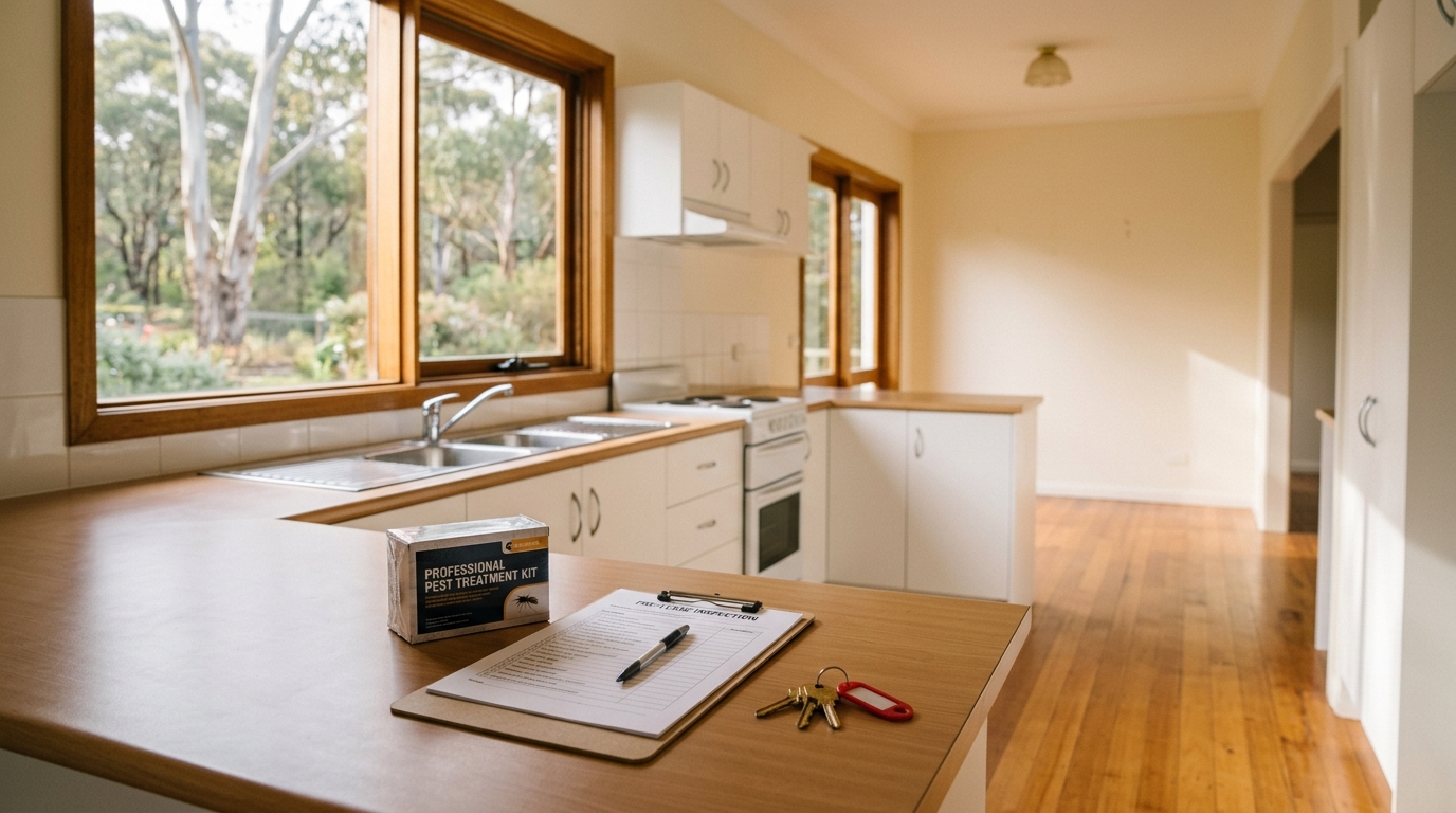 Empty, clean cottage kitchen with timber floors, a pest treatment kit, clipboard and house keys on the counter beside a window.