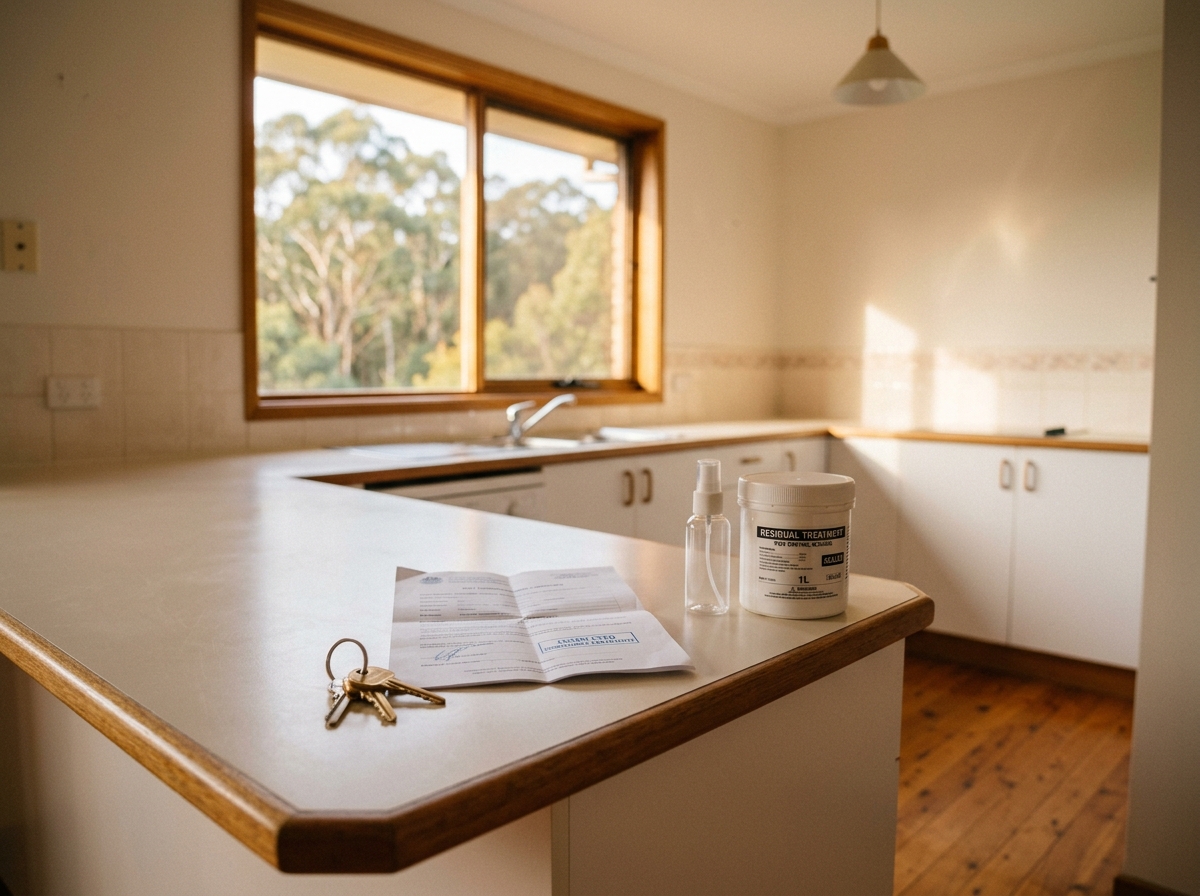 Clean kitchen benchtop with house keys, a folded certificate, a spray applicator and a sealed tub beside a eucalyptus window.