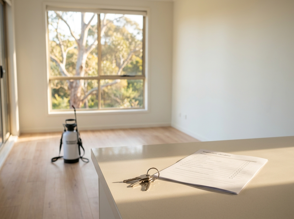 House keys and a folded white checklist on a clean kitchen bench, with a pest sprayer on the floor and gum trees outside.