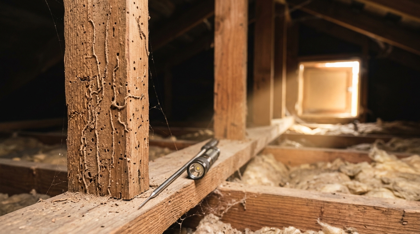 Close-up of a weathered timber stud with termite mud tubes and bore holes, beside a metal probe and torch in a dim roof void.