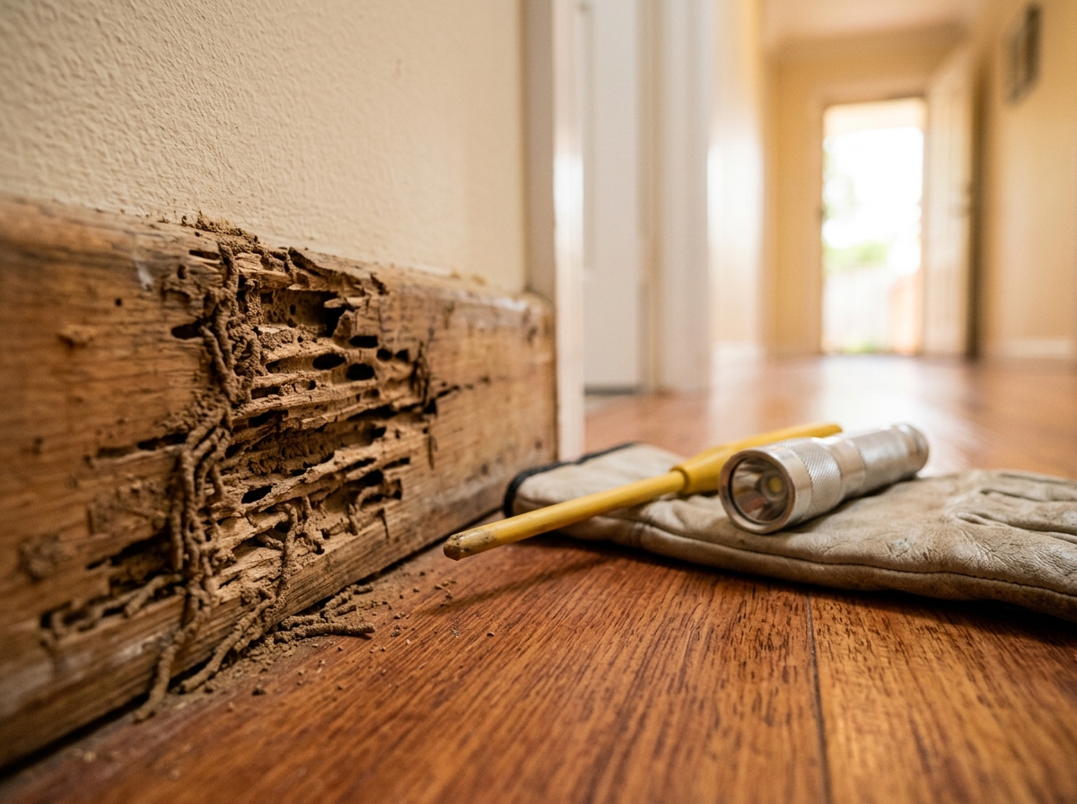 Termite-damaged skirting board with mud tunnels and hollowed grain beside an inspection probe and torch on a work glove.