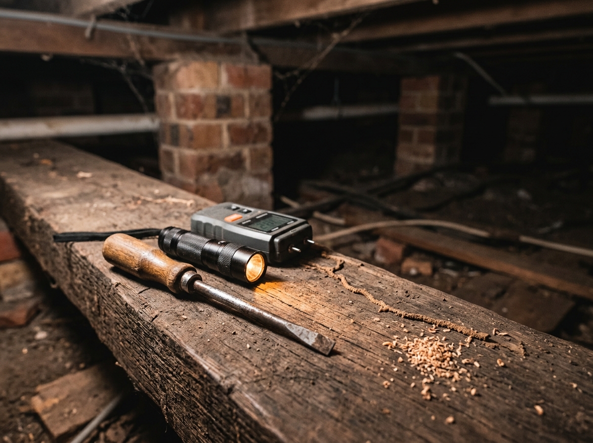 Probing screwdriver, torch and moisture meter on a weathered timber beam beside mud-tube tracks and wood shavings in a dim crawl space.