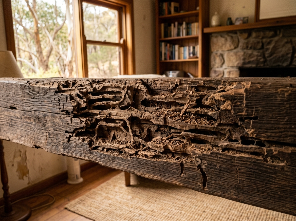 Close-up of termite damage in a wooden beam showing tunneling patterns and exposed wood grain, lit by natural daylight from a window.