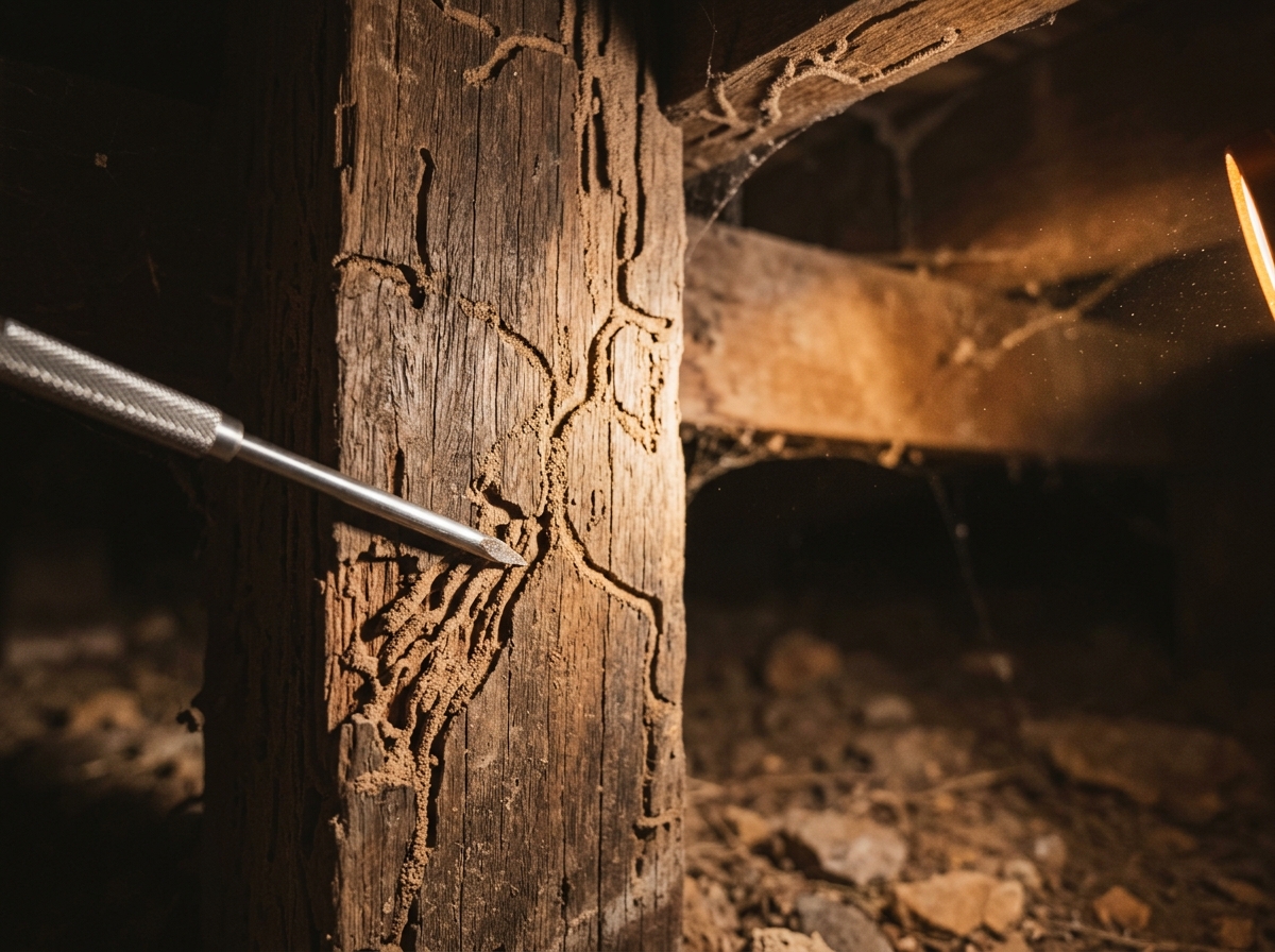 Close-up of a weathered timber stud with termite galleries in the grain, a metal probe resting on the damaged wood in torchlight.