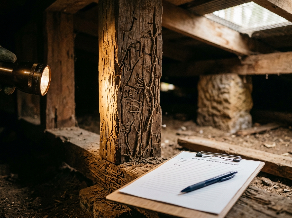 Flashlight beam across a weathered timber stud riddled with termite galleries and mud tubes, with a blank checklist on a beam.