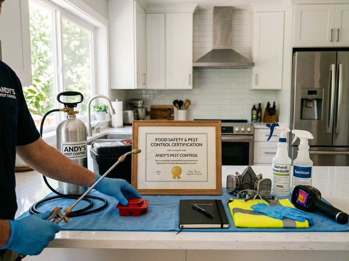 Pest control technician's equipment and food safety certificate displayed on a bright kitchen counter with stainless steel appliances.