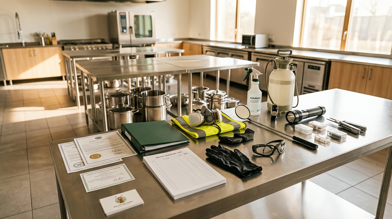 Pest control technician's equipment including spray bottles, protective gear, and inspection tools arranged on a stainless steel counter in