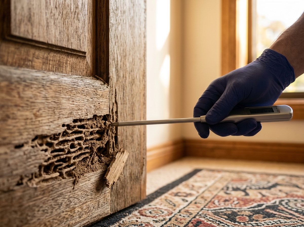 Gloved hand holds a moisture meter probe to a timber door frame with chipped wood exposing termite tunnels and galleries.