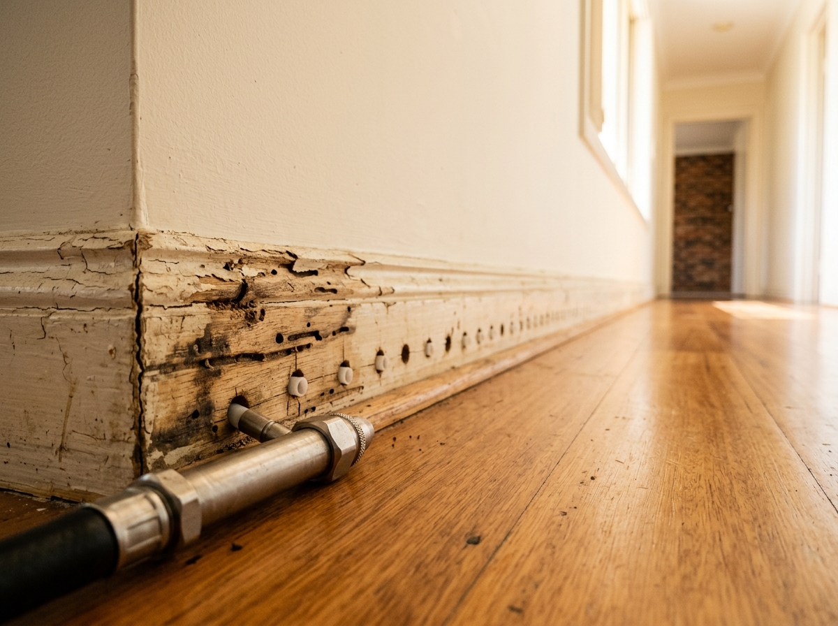 Close-up of a termite-damaged skirting board with a row of drill holes, tiny galleries in cracked wood, and an injection nozzle beside it.