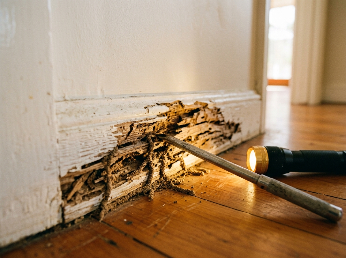 Close-up of a termite-damaged timber skirting board with mud tubes and tunnelled grain, a metal probe and small torch beside it.