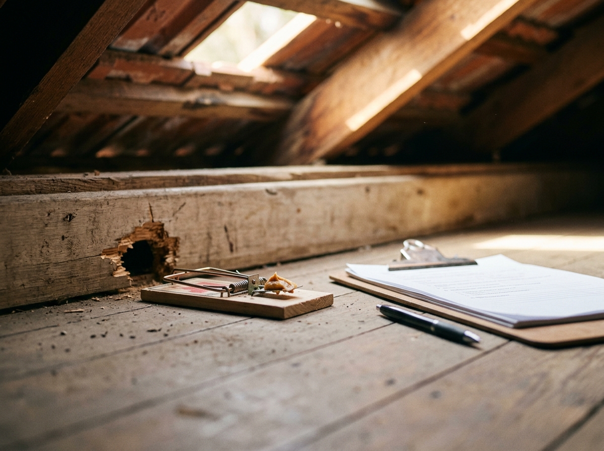 Snap rat trap with peanut butter beside a chewed hole in a skirting board, with a clipboard and pen on a dusty floor.