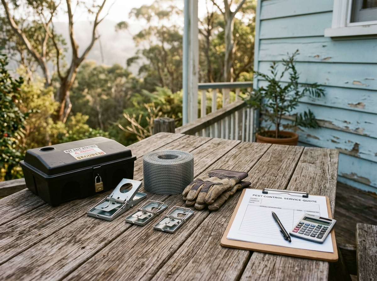 Bait station, snap traps, steel mesh, gloves, clipboard with blank quote sheet and calculator on a timber verandah