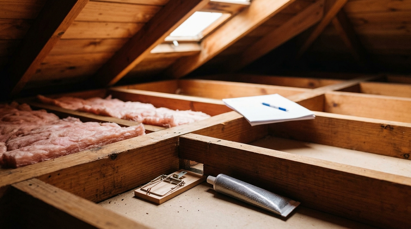 Rat snap trap and mesh tube beside a gap in a timber roof beam, with a folded quote sheet and pen on a rafter.