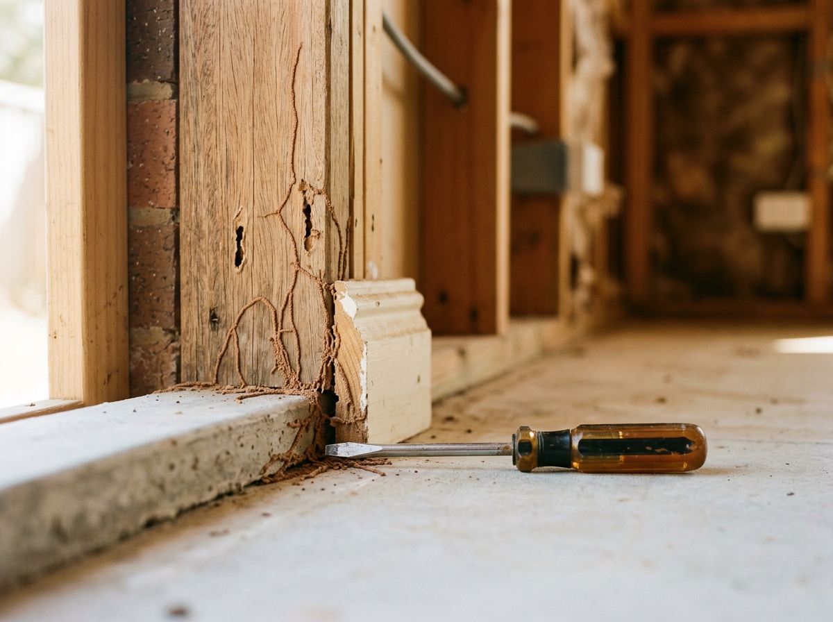 Termite-damaged wall stud and skirting board with mud-tube trails and chewed galleries, a flathead screwdriver beside them.